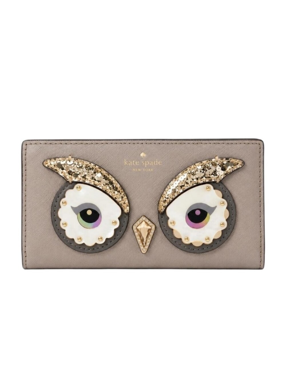 kate spade Novelty taupe owl applique wallet with gold accents